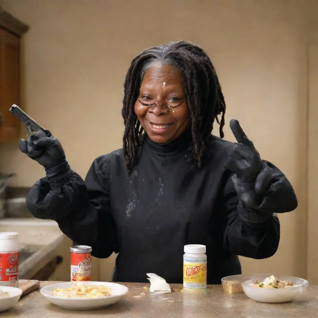 whoopi goldberg smiling with black gloves and gun and mayonnaise splattered everywhere