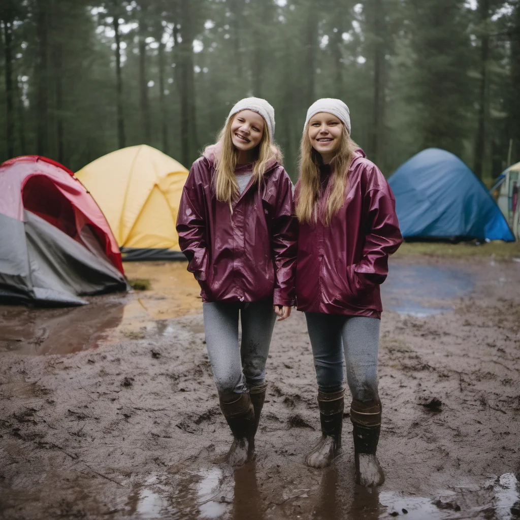 wide angle holiday shot of two smiling wet girls at a rainy muddy campsite amazing awesome portrait 2