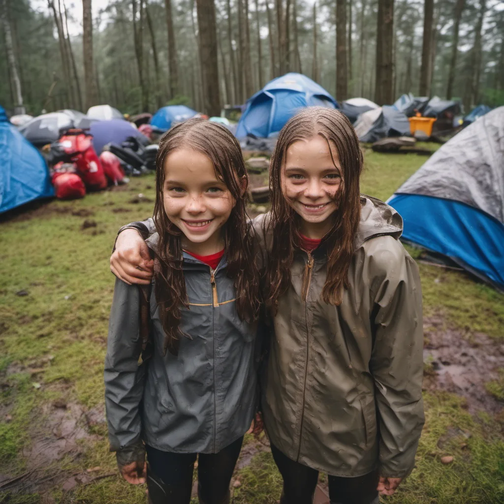 wide angle holiday shot of two smiling wet girls at a rainy muddy campsite confident engaging wow artstation art 3