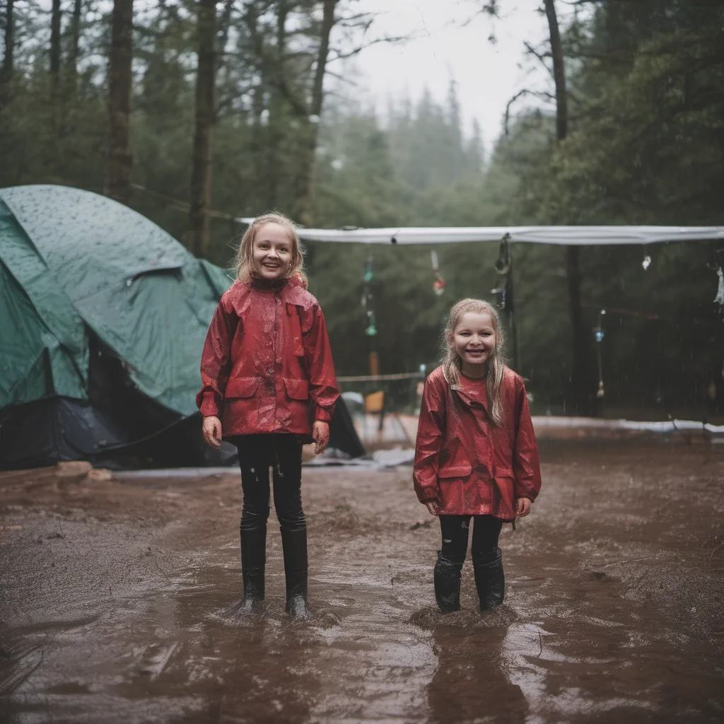 wide angle holiday shot of two smiling wet girls at a rainy muddy campsite good looking trending fantastic 1