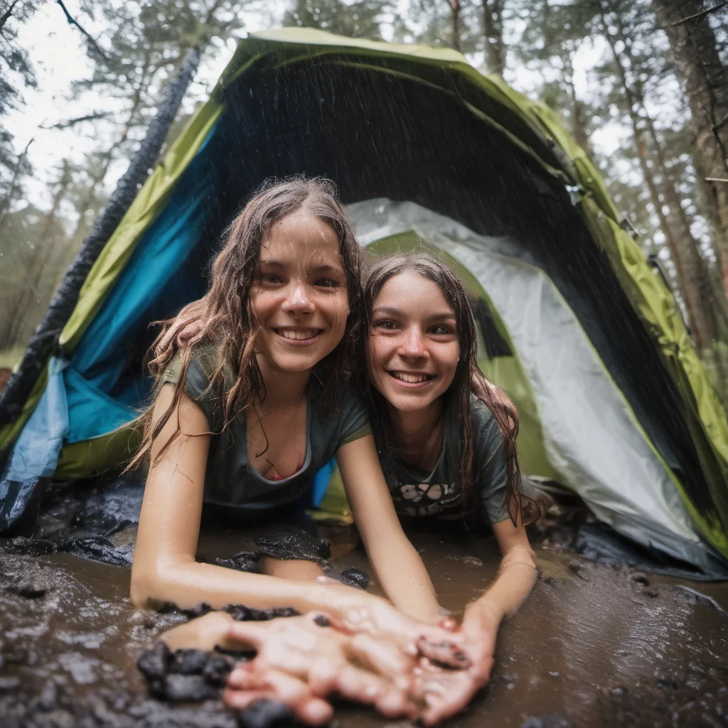 wide angle holiday shot of two smiling wet girls at a rainy muddy campsite