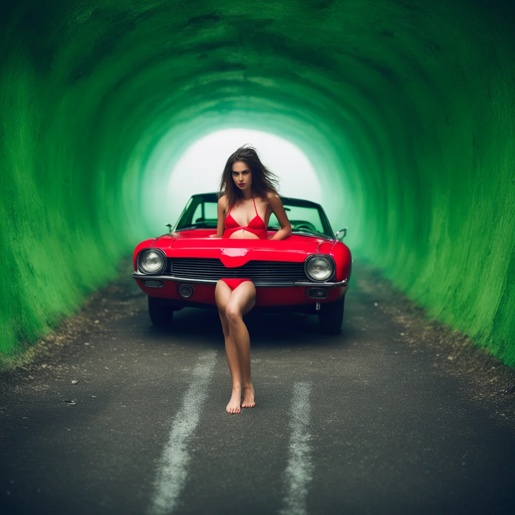 aiwild messy girl in red bikini with her sportscar in a scary green tunnel. foggy. polaroid style amazing awesome portrait 2