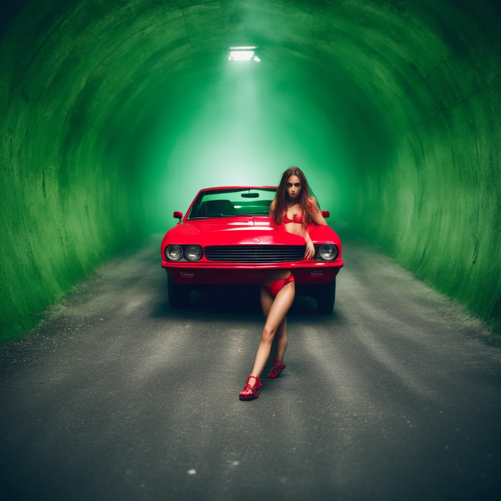 aiwild messy girl in red bikini with her sportscar in a scary green tunnel. foggy. polaroid style confident engaging wow artstation art 3