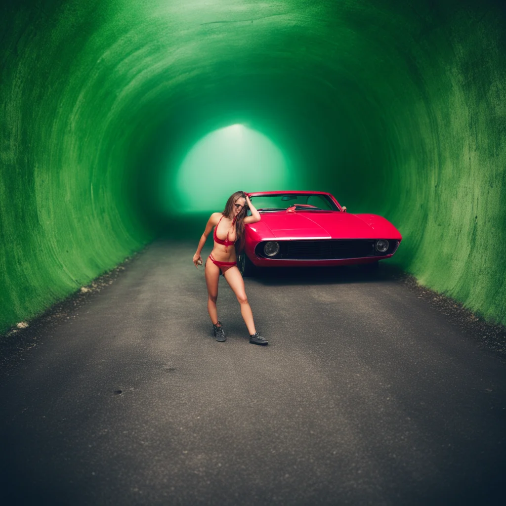 wild messy girl in red bikini with her sportscar in a scary green tunnel. foggy. polaroid style good looking trending fantastic 1