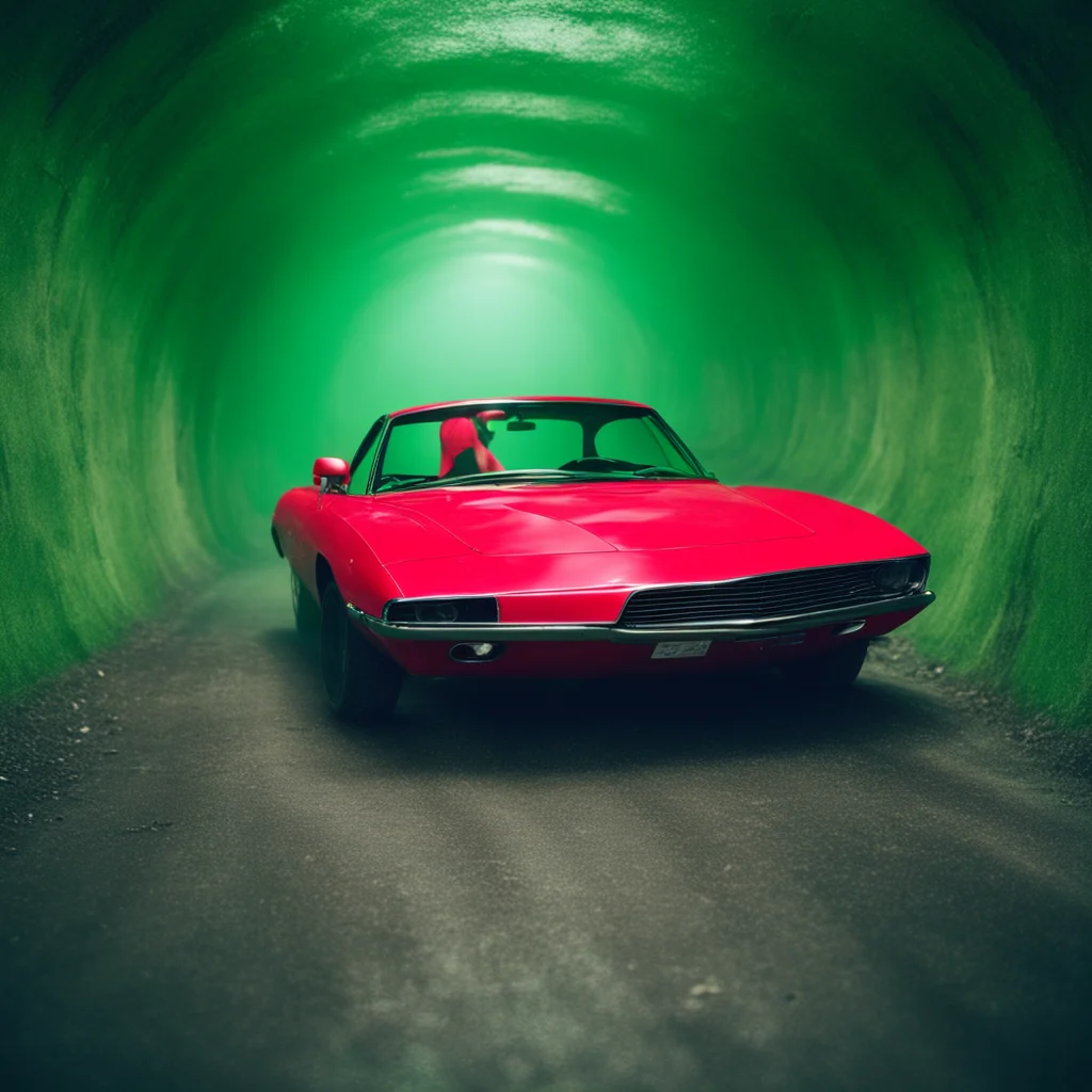 wild messy girl in red bikini with her sportscar in a scary green tunnel. foggy. polaroid style