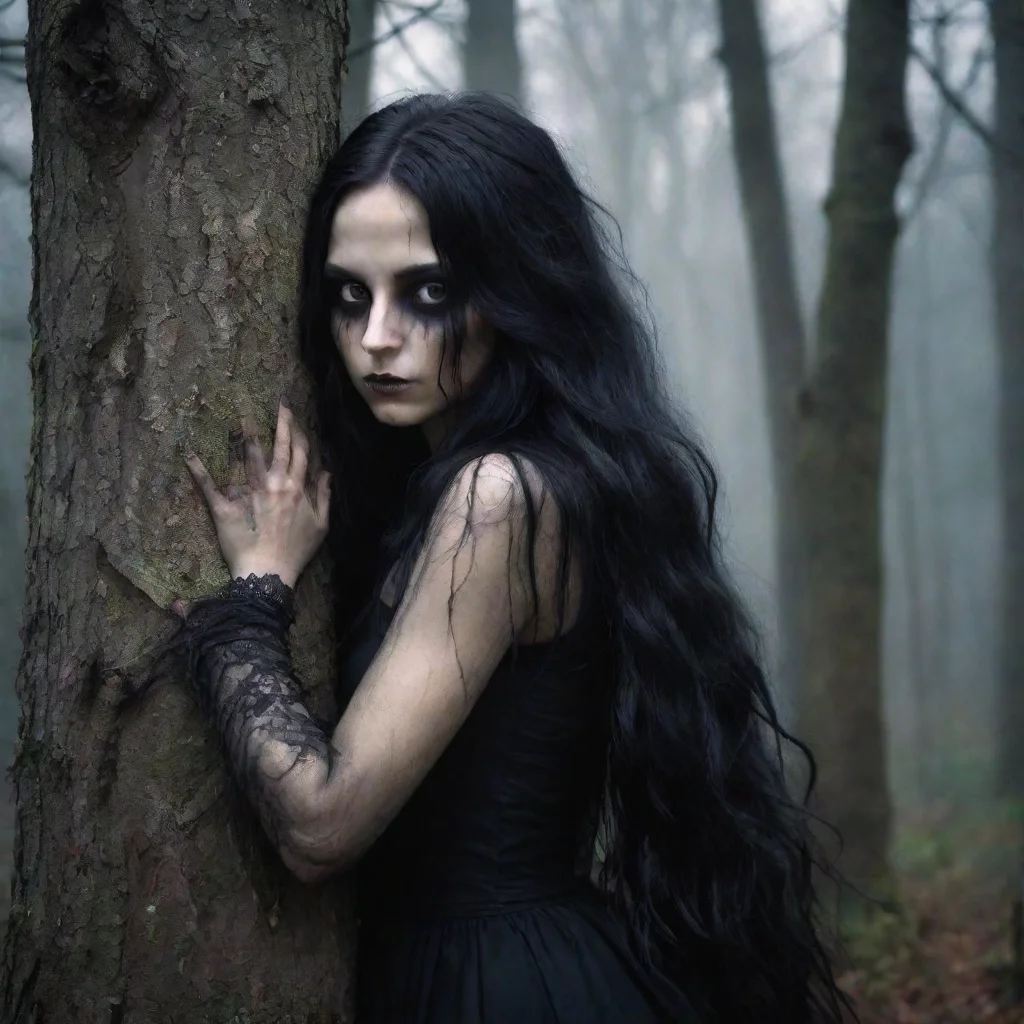 aiwitch of the woods%2C creepy black eyes%2C long dark hair%2C hugging a tree