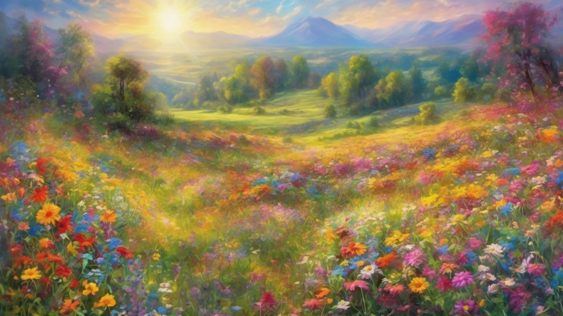 within a lush meadow%2C an enchanting tableau unfolds%2C radiating pure adoration and affection. a vibrant tapestry of wildflowers blankets the ground%2C painting the landscape with a riot of colors