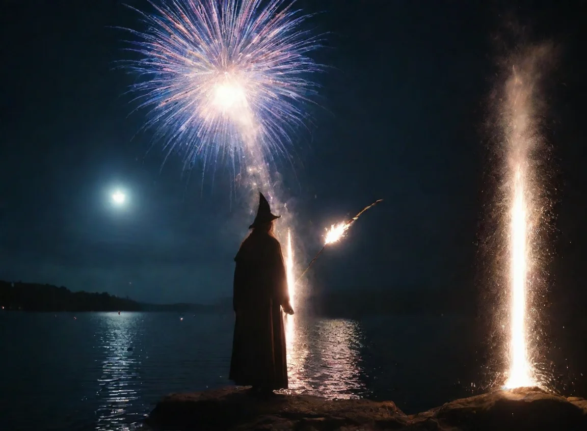 wizard powerful fireworks magic using staff water on lake stary night hd 8k landscape43