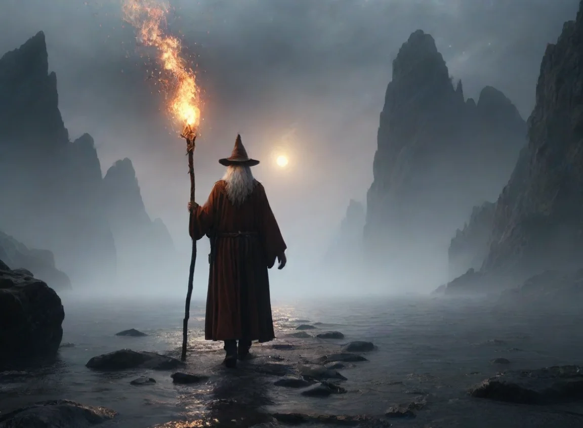wizard walking stary sky flame staff hd realism water clifffs path particles fog 8k landscape43