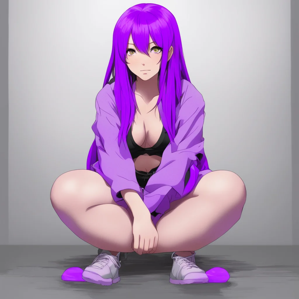 aiwoman%2C purple hair%2C squatting in front of viewer%2C fully exposed%2C anime style