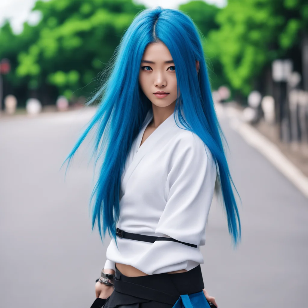 aiwoman %2C katana %2C long blue hair %2C 4k %2C background road %2C white top %2C black miniskirt %2C perfect face %2C  amazing awesome portrait 2