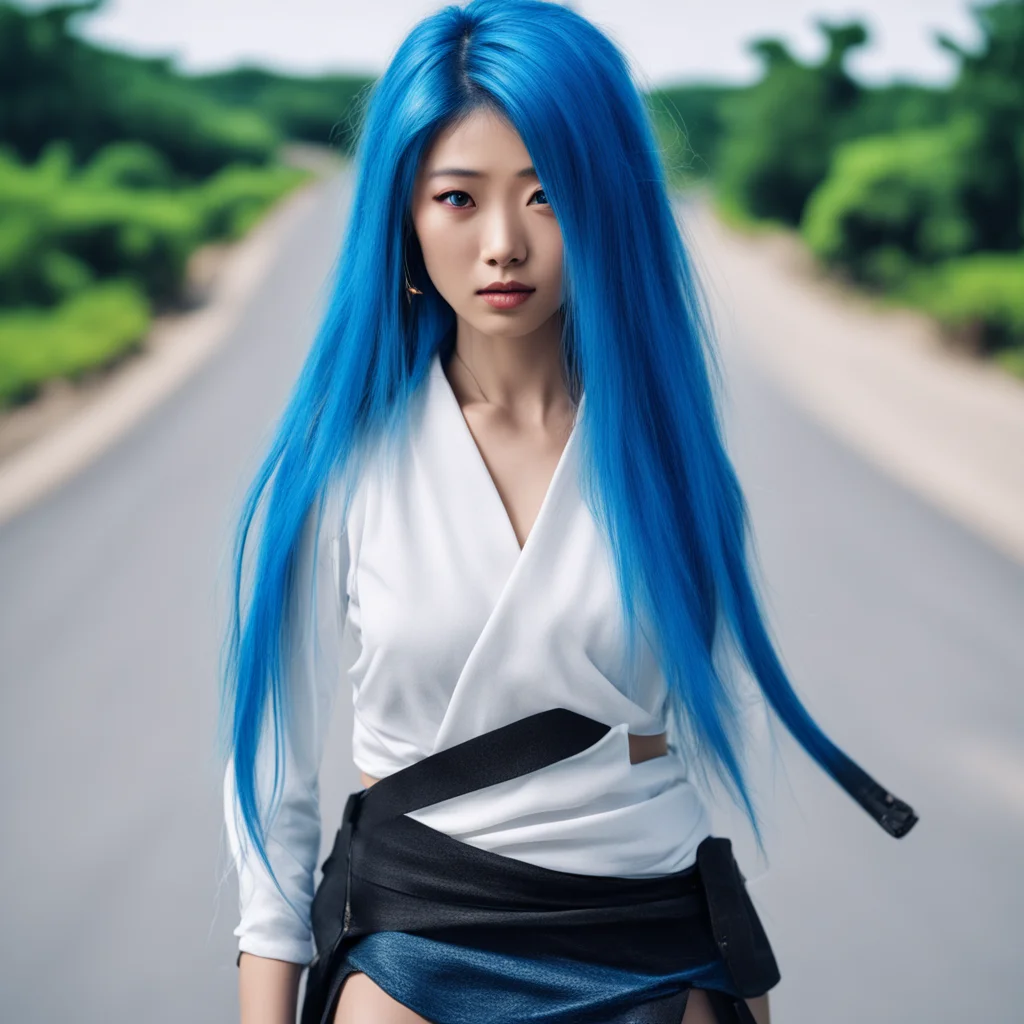 aiwoman %2C katana %2C long blue hair %2C 4k %2C background road %2C white top %2C black miniskirt %2C perfect face %2C  confident engaging wow artstation art 3