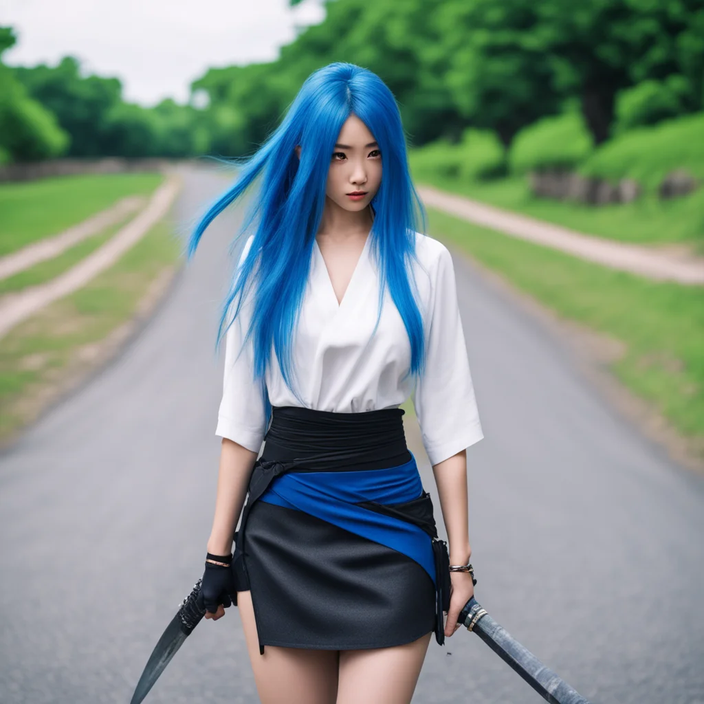 aiwoman %2C katana %2C long blue hair %2C 4k %2C background road %2C white top %2C black miniskirt %2C perfect face %2C  good looking trending fantastic 1
