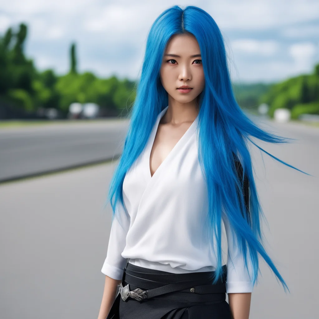 aiwoman %2C katana %2C long blue hair %2C 4k %2C background road %2C white top %2C black miniskirt %2C perfect face %2C 