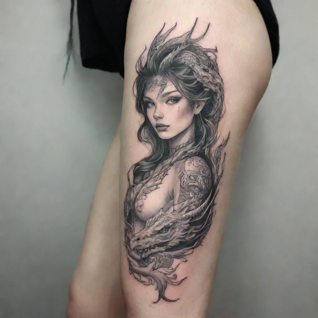 aiwoman dragon fine line black and white tattoo