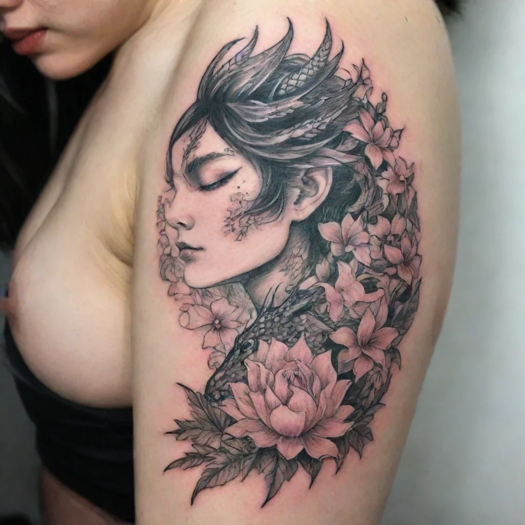 aiwoman dragon flowers fine line tattoo