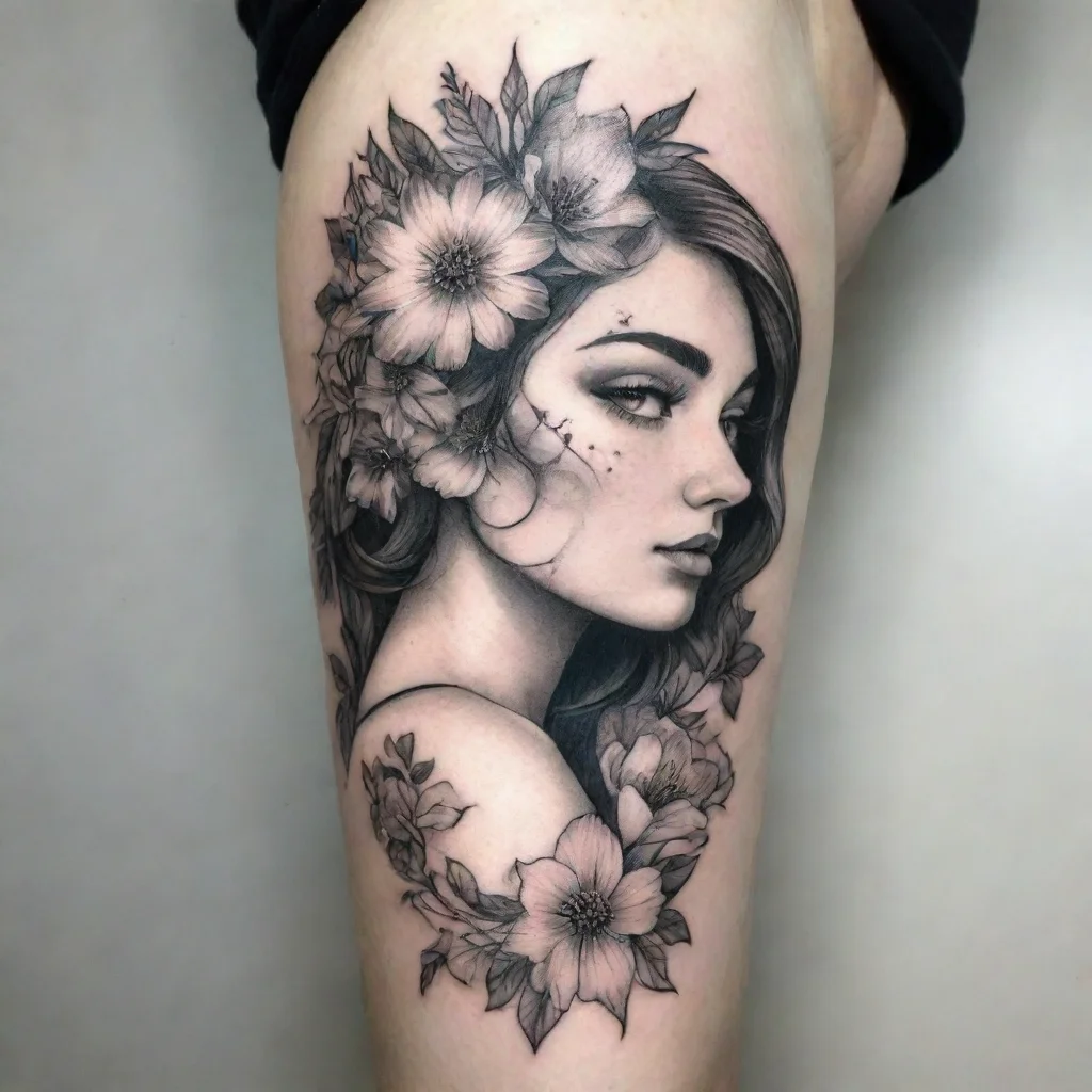 aiwoman in flowers fine line black and white tattoo