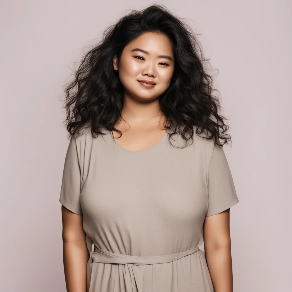 aiwoman indonesian curvy%2C no makeup%2C messy hair%2C wearing crepe shift dress 