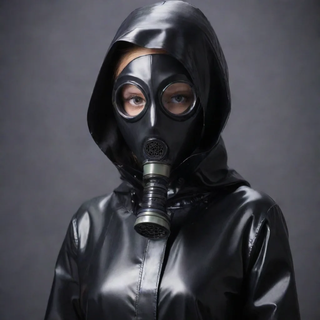 woman long wet black raincoat enclosed hood gasmask