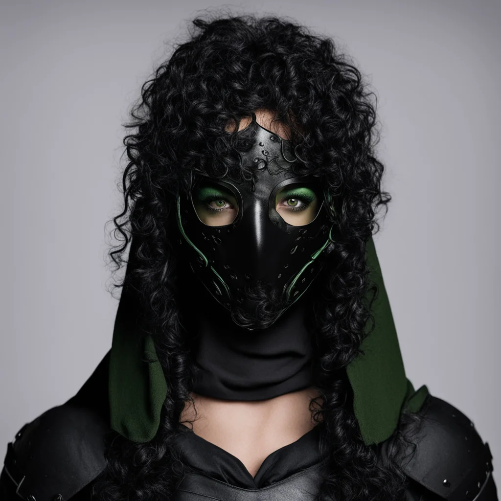aiwoman with olive skin%2C green eyes and black curly hair wearing  black armor and a black metal mask over her face. she has a hood amazing awesome portrait 2