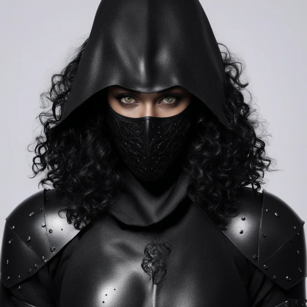 aiwoman with olive skin%2C green eyes and black curly hair wearing  black armor and a black metal mask over her face. she has a hood confident engaging wow artstation art 3