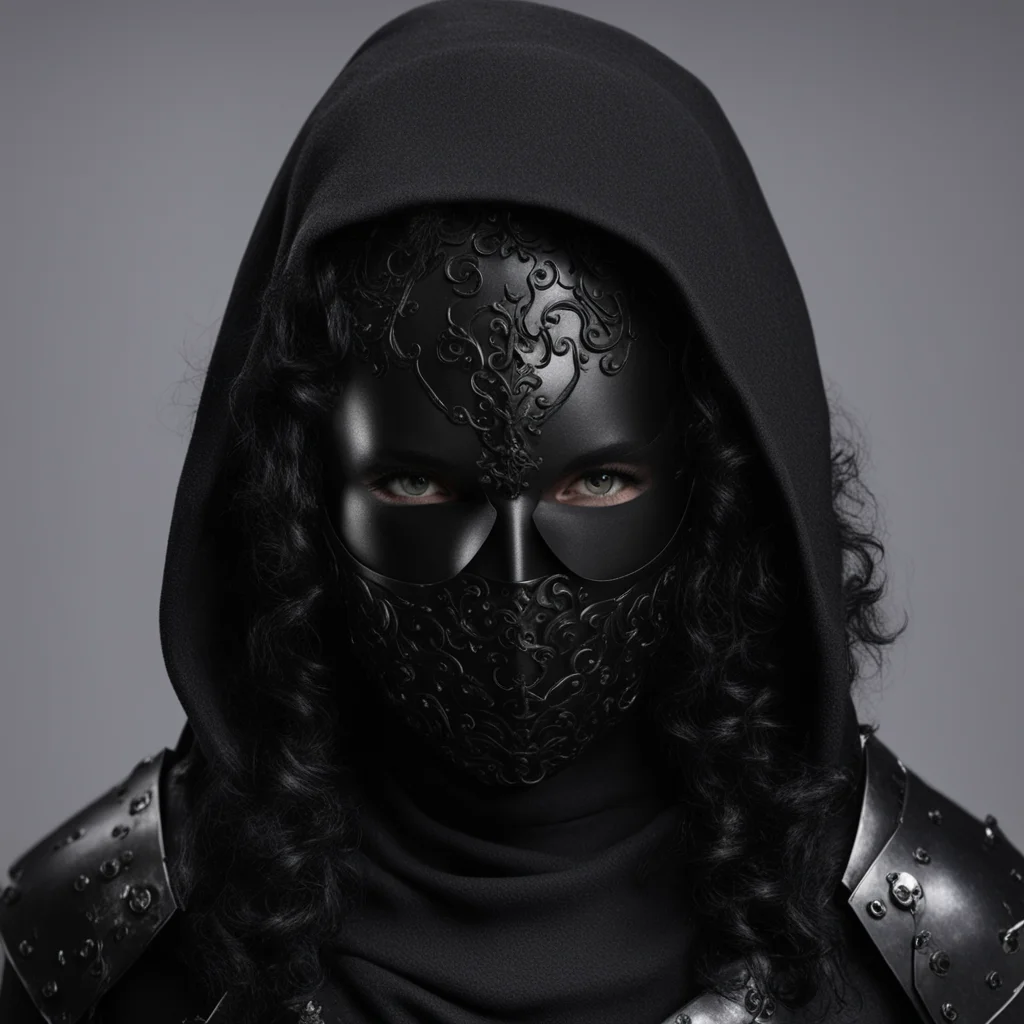 aiwoman with olive skin%2C green eyes and black curly hair wearing  black armor and a black metal mask over her face. she has a hood good looking trending fantastic 1