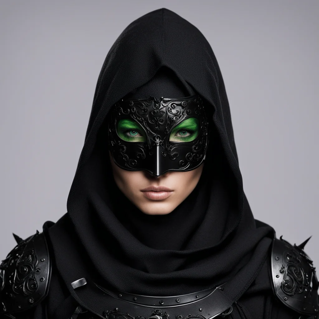 aiwoman with olive skin%2C green eyes and black curly hair wearing  black armor and a black metal mask over her face. she has a hood