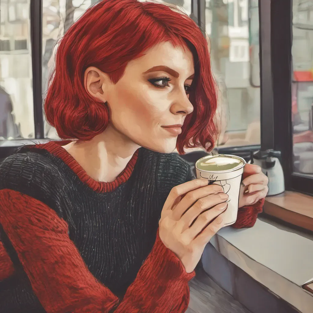 aiwoman with short red hair drink a coffee 