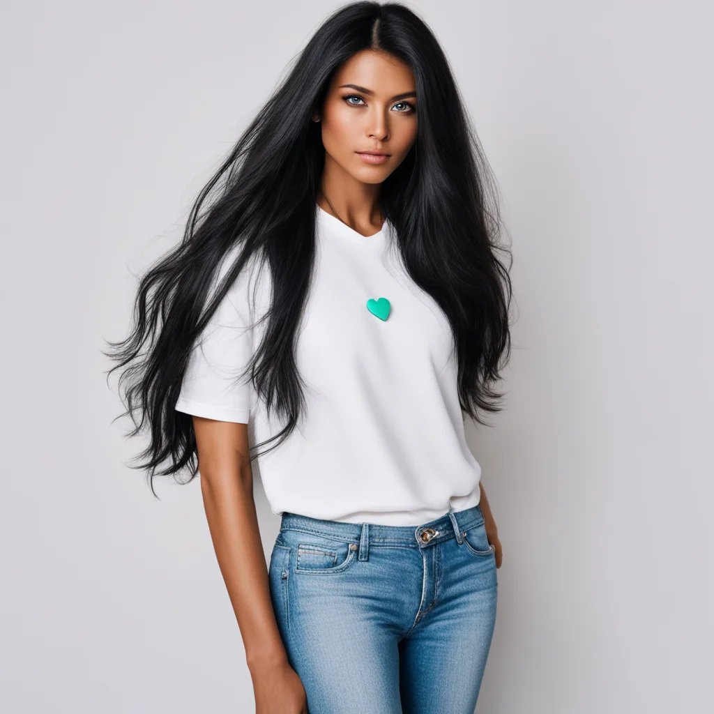 aiwoman withlong black hair%2Cgreen eyes%2Ctan skin%2Cwearing a white top%2Cjeans%2Cwhite heart shaped earrings  and blue snickers confident engaging wow artstation art 3