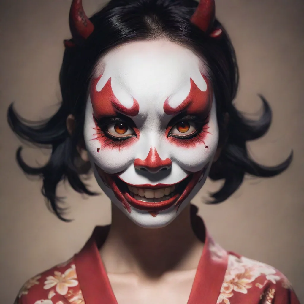 aiwomen with hannya mask colored exposing her face%2C anime style. 