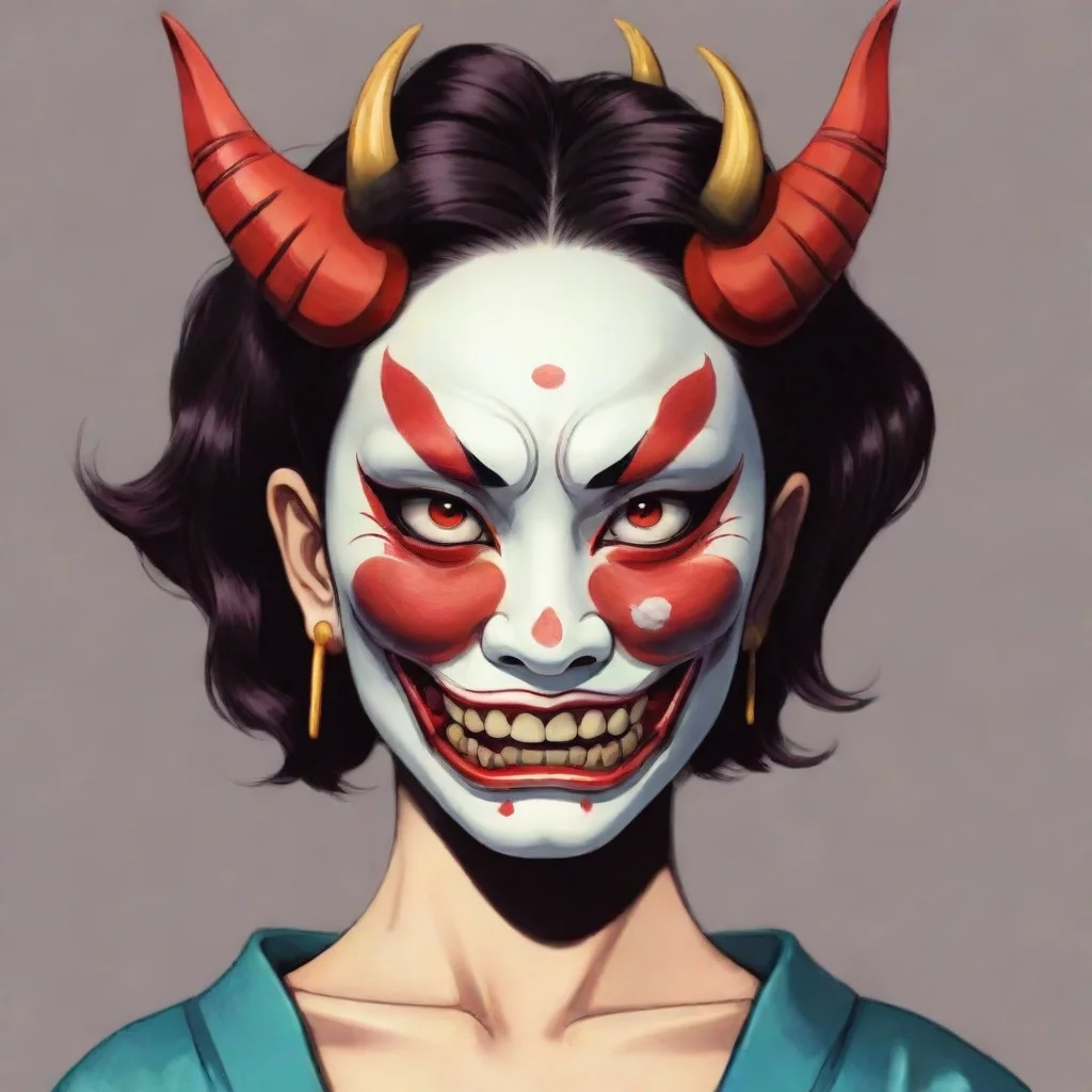 aiwomen with hannya mask colored exposing her face%2C cartoon stile