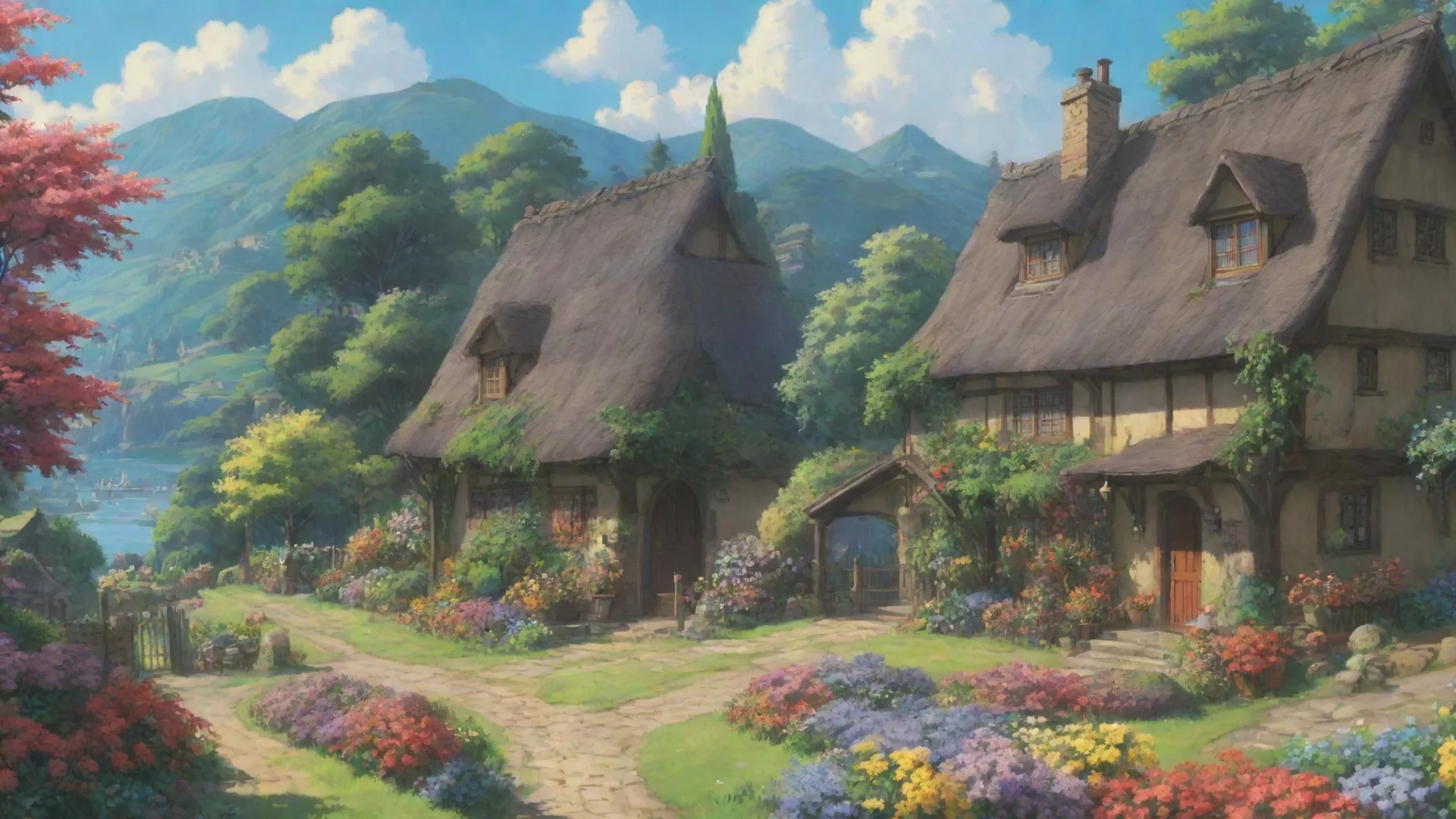 wonderful ghibli landscape epic anime hd aesthetic town cottages flowers wide