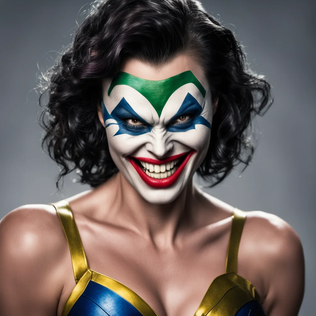 wonderwoman jokerized with a big smilex joker grin on her face amazing awesome portrait 2