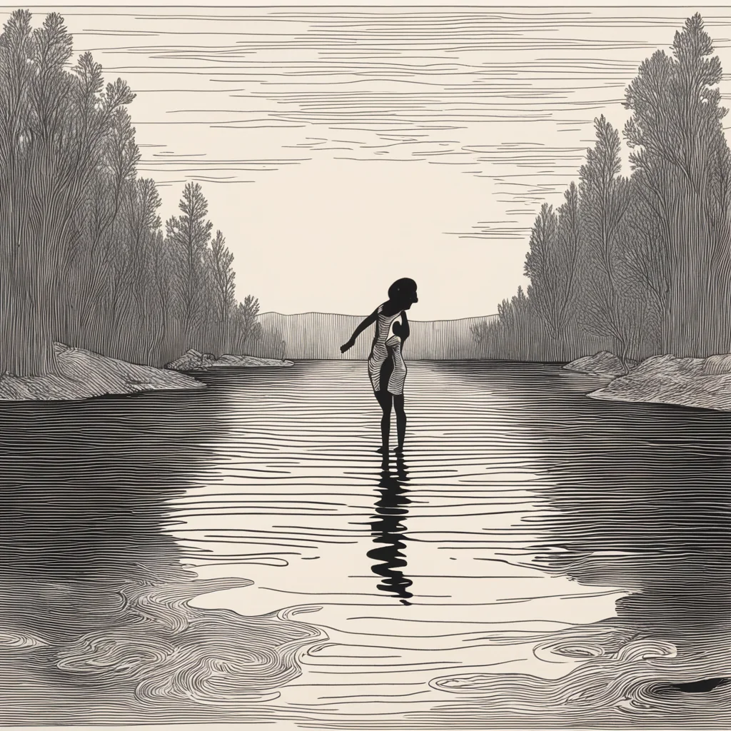 aiwoodcut  of a girl swimming in a lake with a man looking at her good looking trending fantastic 1