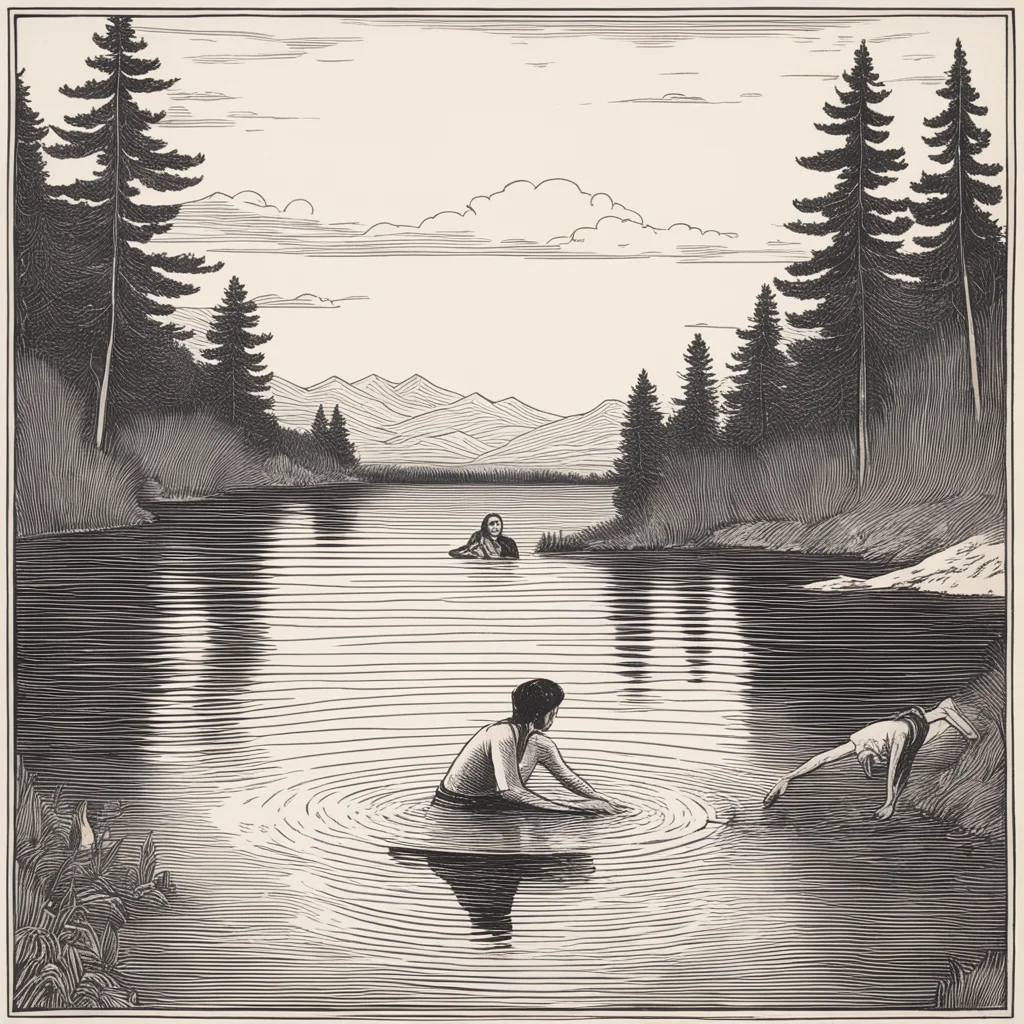 aiwoodcut  of a girl swimming in a lake with a man looking at her