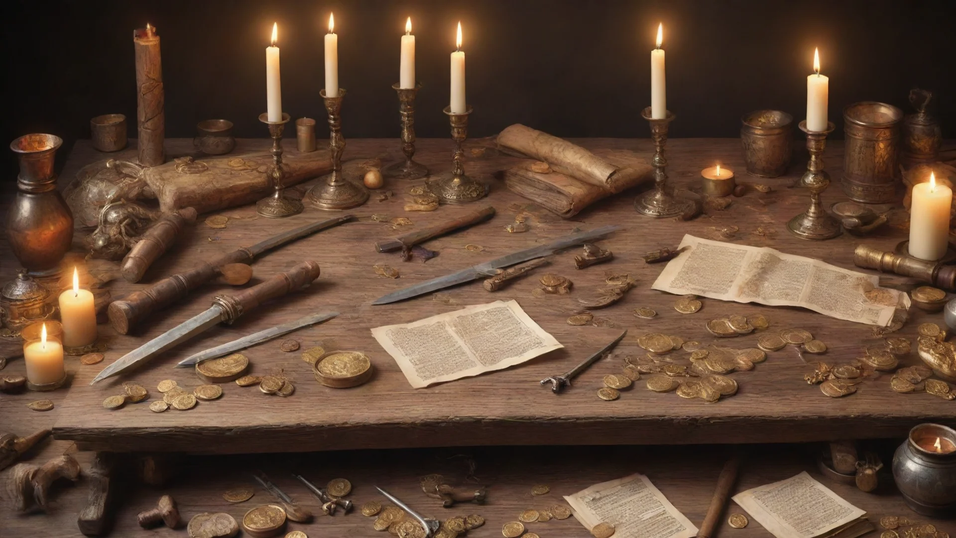 aiwooden table with gold coins%2C swords%2C candles%2C scrolls and other objects related to medieval fantasy%2C color drawing wide