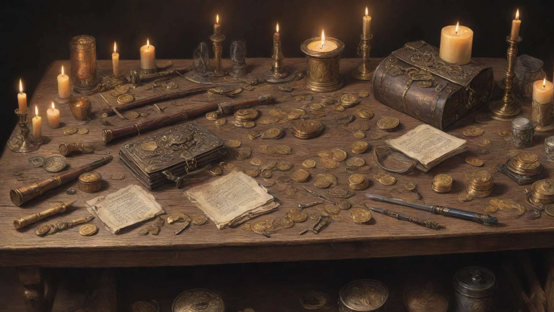 aiwooden table with gold coins and purse and weapons and armors and candles and scrolls%2C color drawing wide