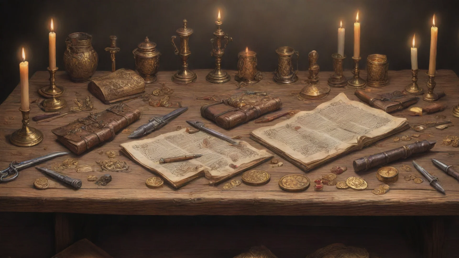 aiwooden table with weapons and armors and candles and scrolls and gold coins%2C color drawing wide