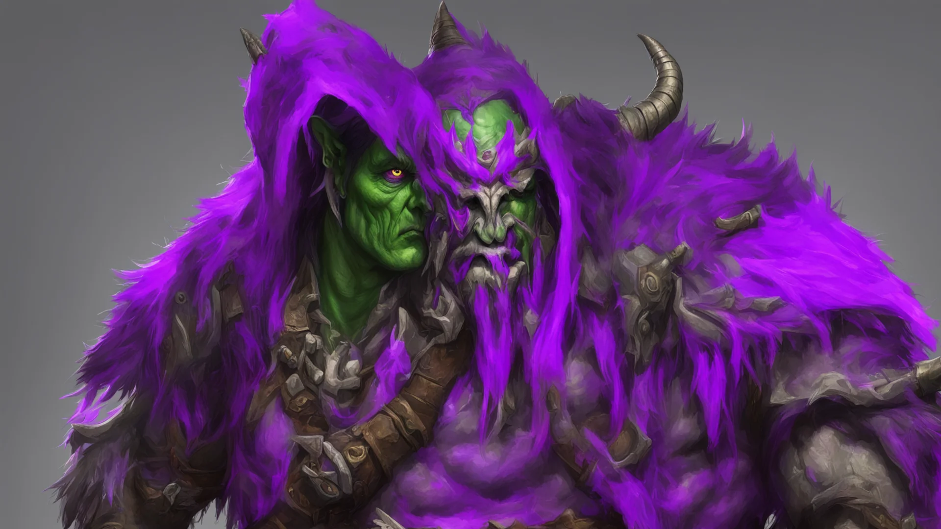 aiworld of warcraft orc shaman wearing purple hood wide