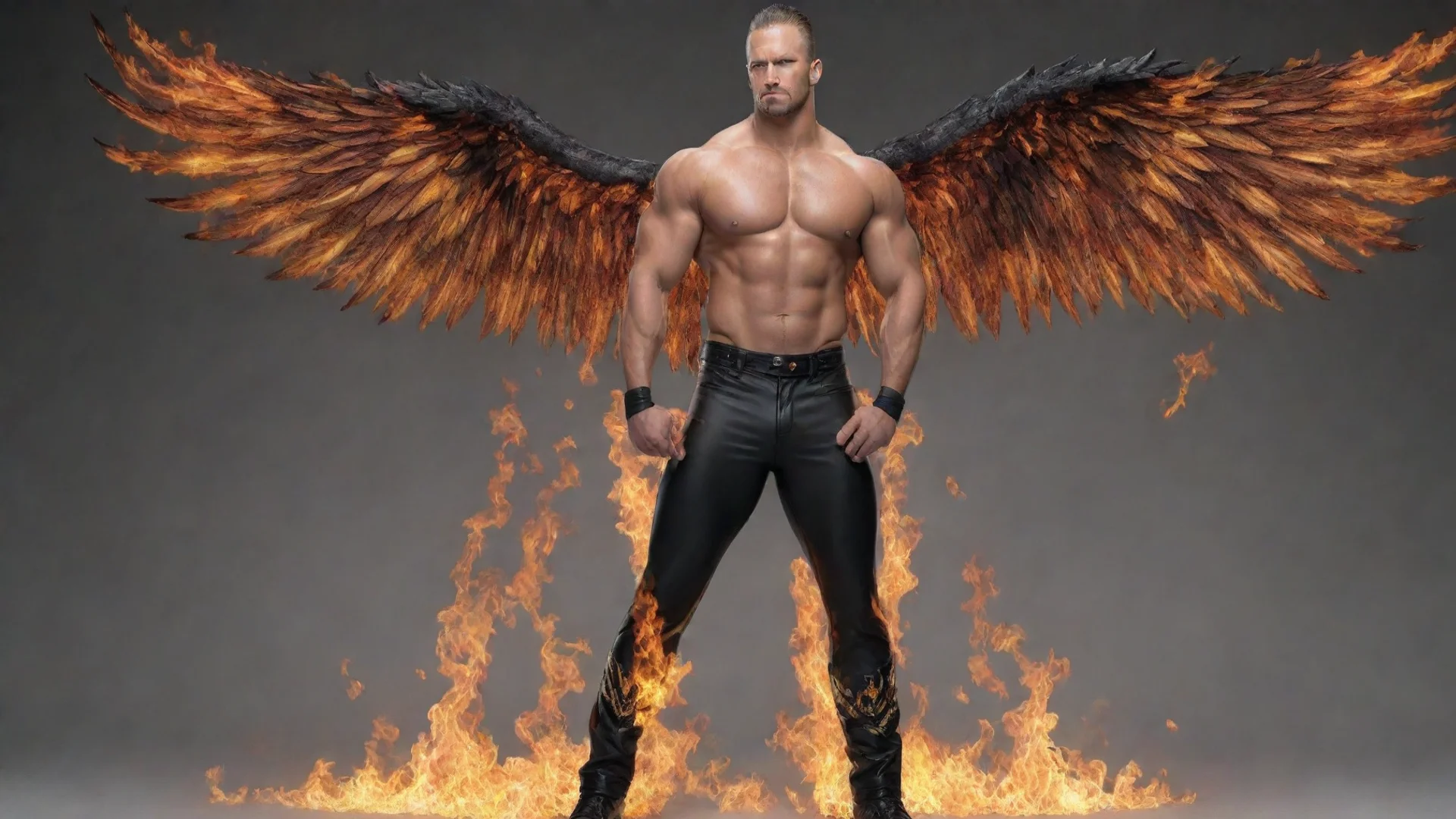 aiwwe male attire with fire and wings on the pants wide