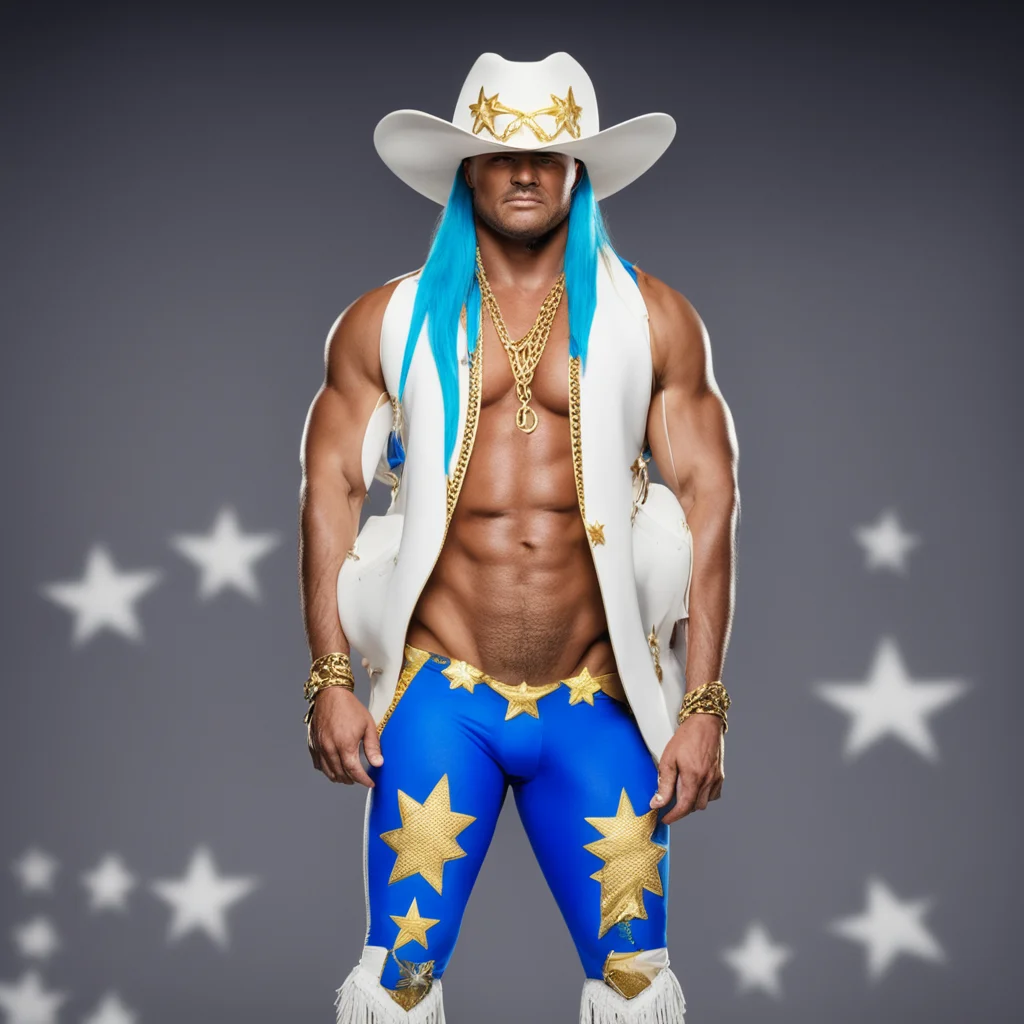 wwe wrestler with white cowboy hat that says bbp a gold chain and blue wrestling tights with white stars and tassels and cowboy boots