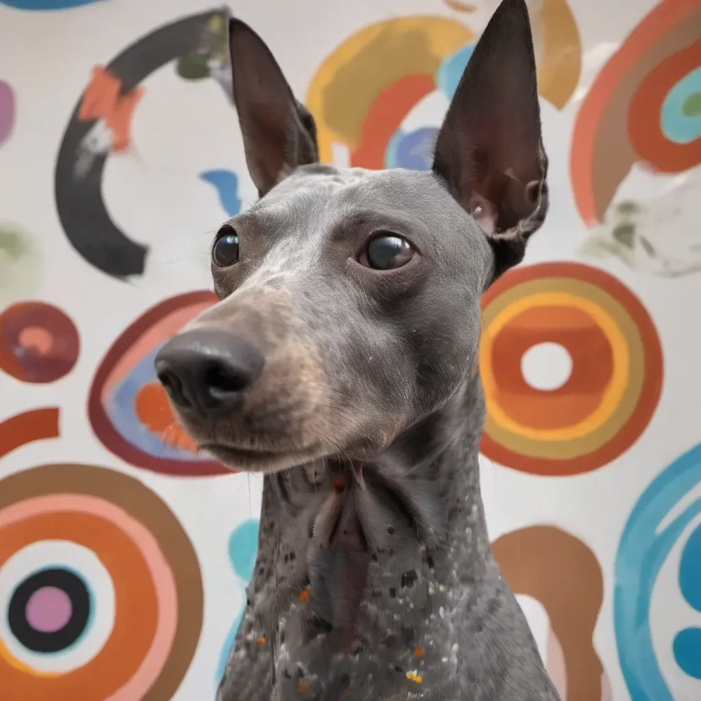 aixoloitzcuintle looking sideways on a white wall mural with colored rings behind it amazing awesome portrait 2