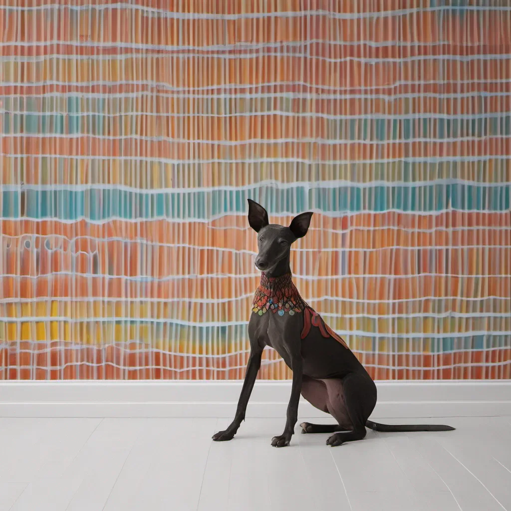 aixoloitzcuintle looking sideways on a white wall mural with colored rings behind it good looking trending fantastic 1