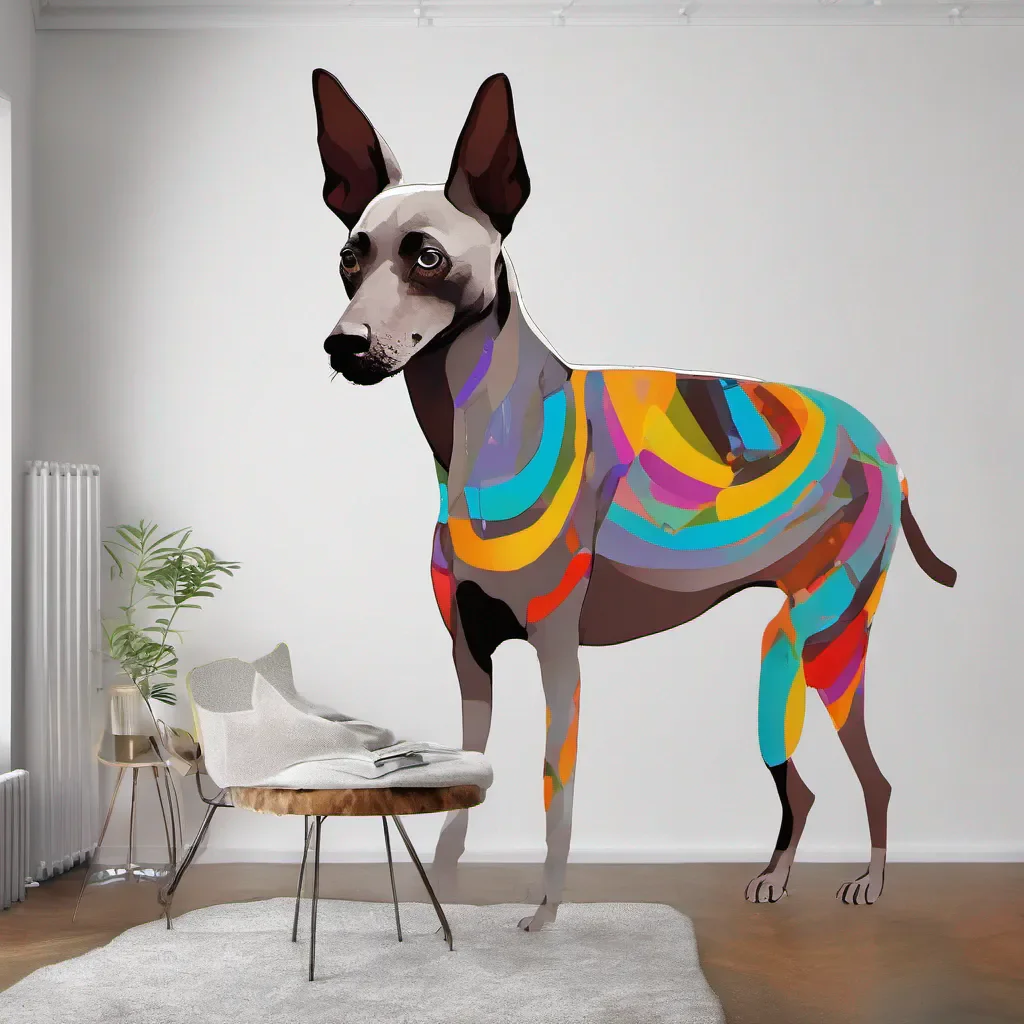 aixoloitzcuintle looking sideways on a white wall mural with colored rings behind it