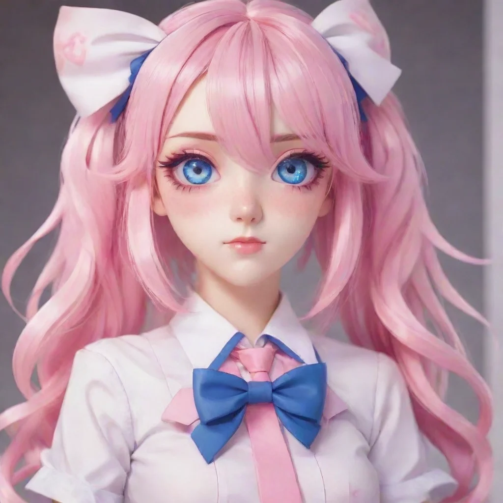 aiyandere pink and white unform%2C big bow in hair with blue eyes pink hair with white highlights has knife