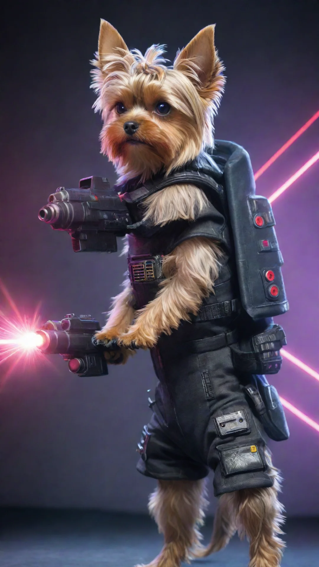 aiyorkshire terrier in a cyberpunk space suit firing a laser gun tall