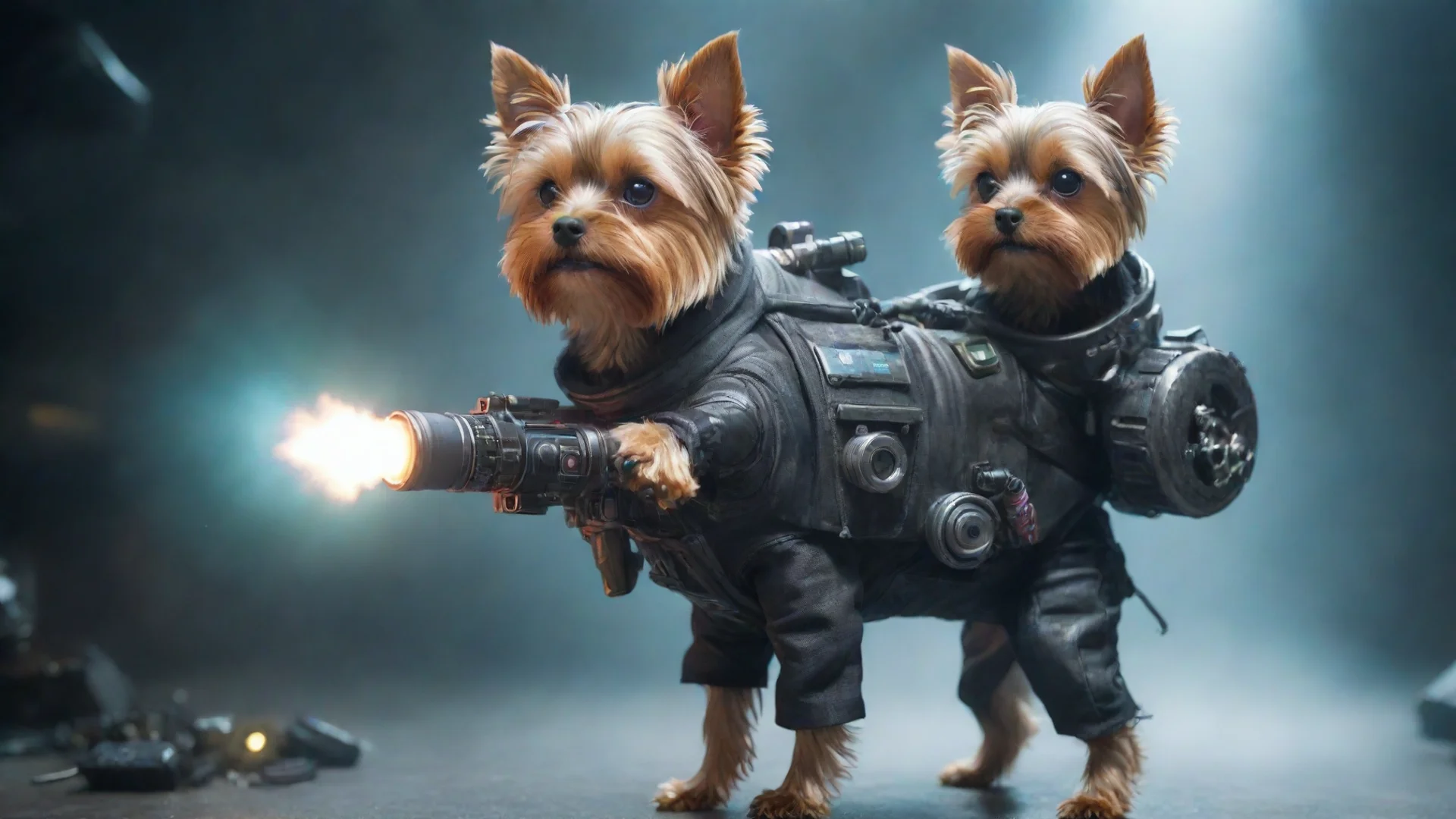 yorkshire terrier in a cyberpunk space suit firing at aliens wide