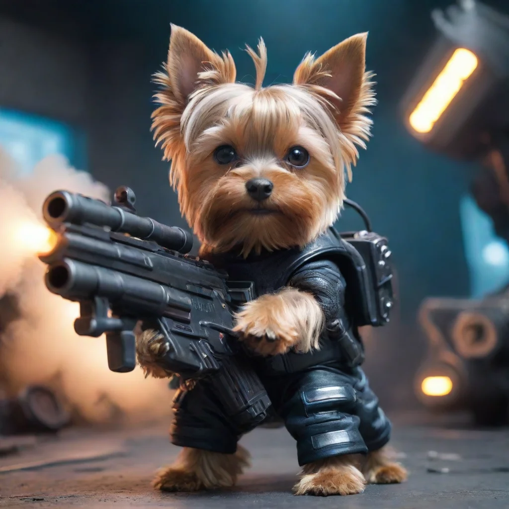 yorkshire terrier in a cyberpunk space suit firing big gun