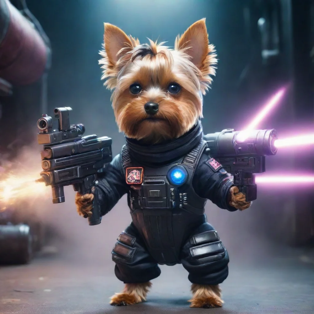 yorkshire terrier in a cyberpunk space suit firing big weapon confident