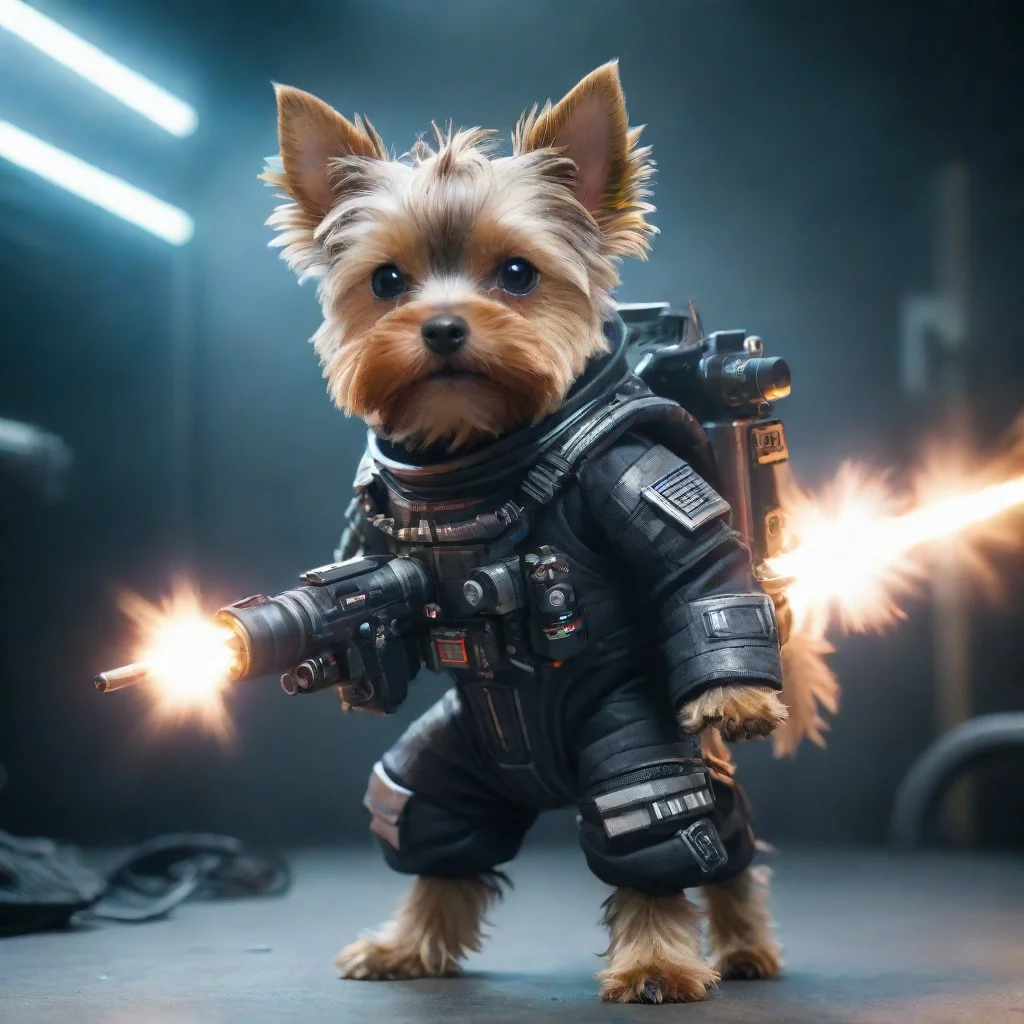 yorkshire terrier in a cyberpunk space suit firing big weapon